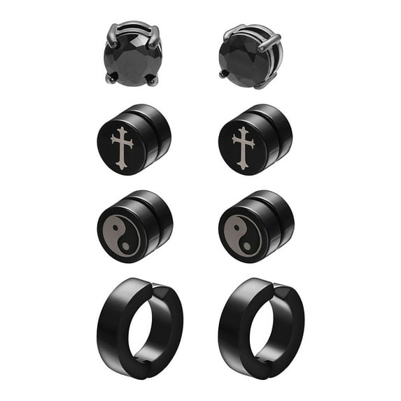 Airokiy 4 Pair Earrings Black Stainless Steel Earrings Cubic Zirconia Fake Stud Earrings for Men Hypoallergenic