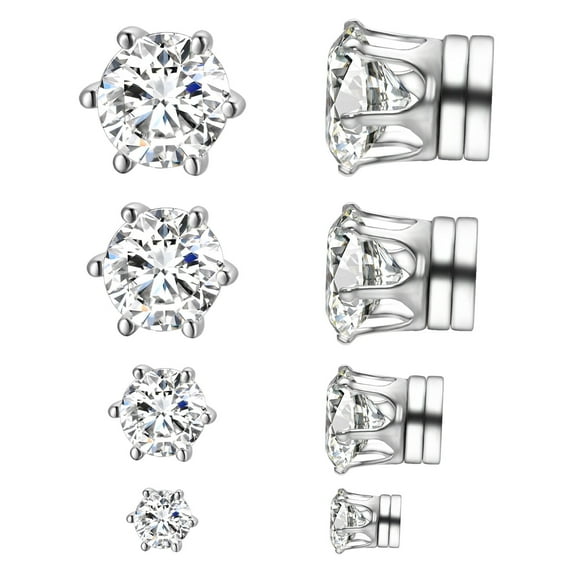 Airokiy 4 Pairs Earrings, Sparkling Cubic Zirconia Earring Studs, Stainless Steel Clip On Fake Earrings Set For Men Non-Piercing (4/5/7/8mm)