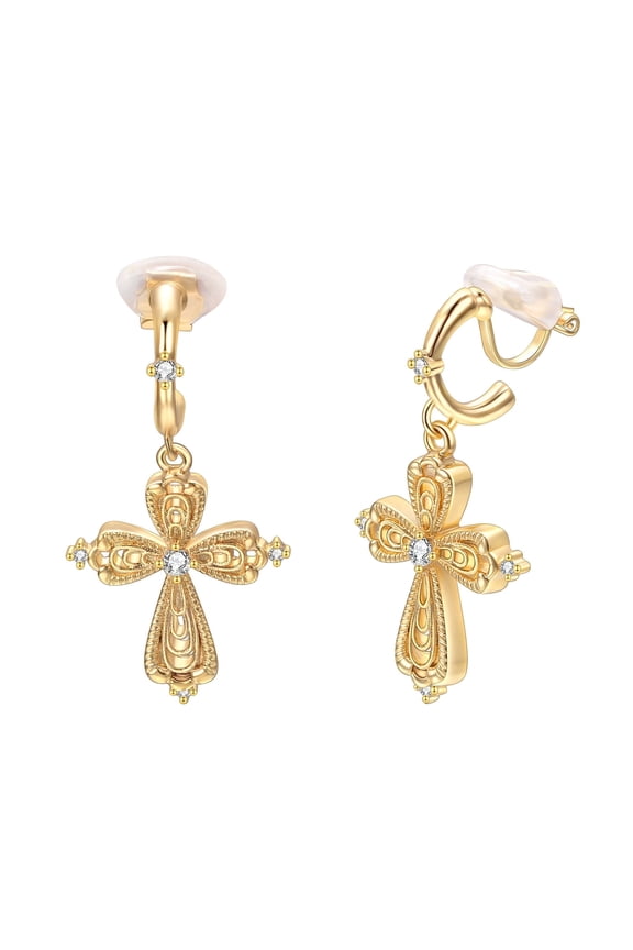 Dangle Cross Clip on Earrings for Women Gold Goth Cross Earrings 18K Gold Plated Hypoallergenic Statement Earrings Trendy Zircon Jewelry