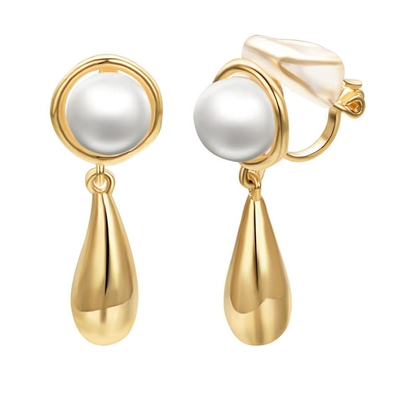 Airokiy Pearl Clip On Earrings for Women Chunky Gold Drop Earrings for Women Lightweight Hollow Gold Plated Hypoallergenic Jewelry