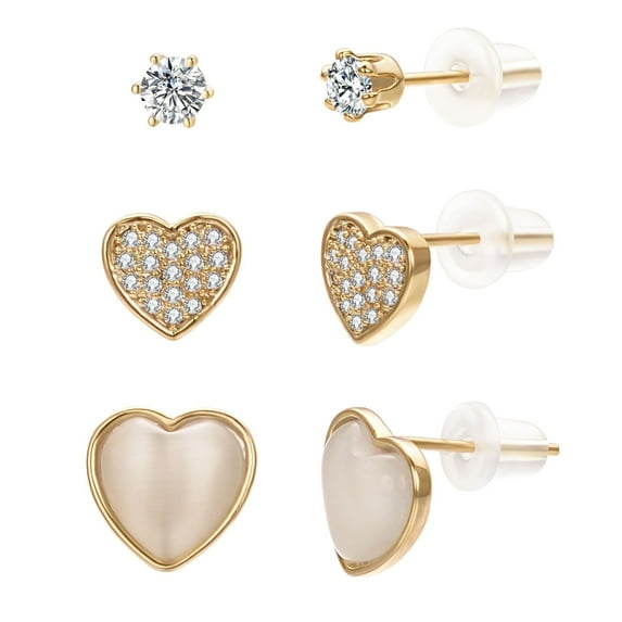 Airokiy Round Heart Stud Earrings Set for Women Iced Out Stud,6 Pong Stud,Opal Stud,CZ Stud Earrings Hypoallergenic Party,Wedding