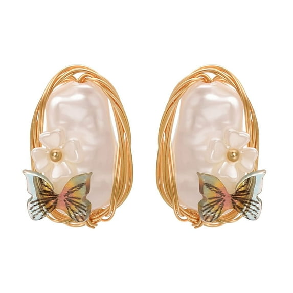 Airokiy Vintage Imitation Pearl Stud Earrings For Women Gold Plated Flower Earring Hypoallergenic Trendy Jewelry