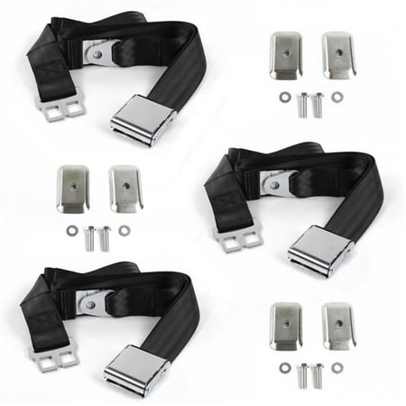 Airplane 2 Point Black Lap Bench Seat Belt Kit with Bracketry for 1966-1977 Ford Bronco - 3 Belts