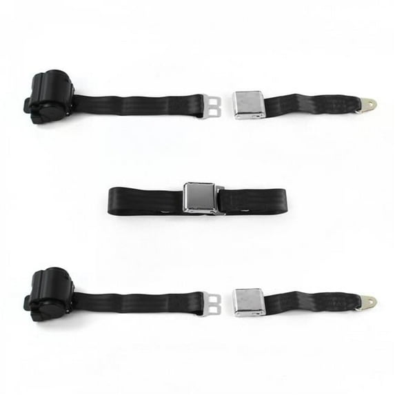 Airplane 2 Point Black Retractable Bench Seat Belt Kit with 3 Belts for 1946-1968 Ford Anglia