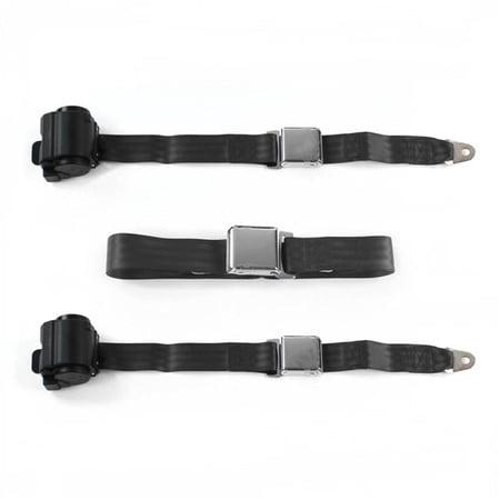 Airplane 2 Point Black Retractable Bench Seat Belt Kit with 3 Belts for 1954-1956 Buick Roadmaster