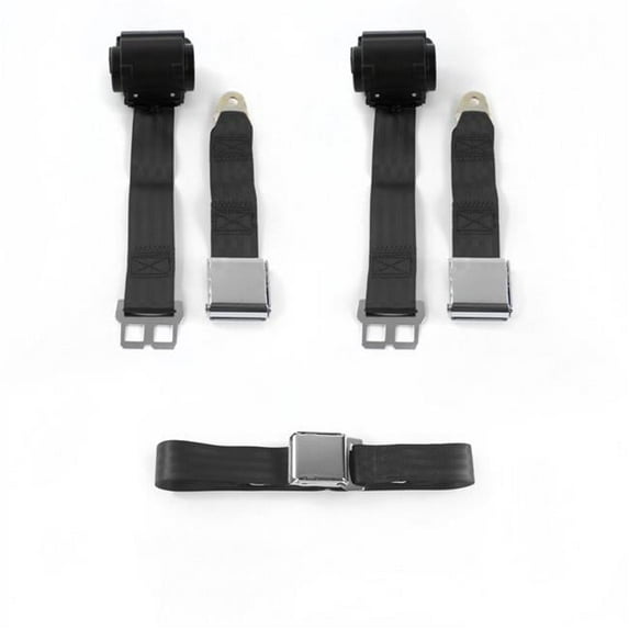 Airplane 2 Point Black Retractable Bench Seat Belt Kit with 3 Belts for 1960-1969 Chevy Corvair
