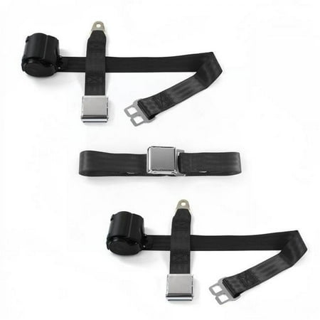 Airplane 2 Point Black Retractable Bench Seat Belt Kit with 3 Belts for 1967-1969 Camaro