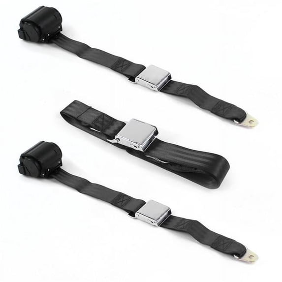 Airplane 2 Point Black Retractable Bench Seat Belt Kit with 3 Belts for 1982-1992 Camaro