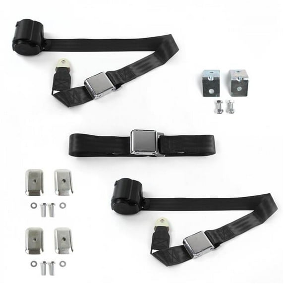Airplane 2 Point Black Retractable Bench Seat Belt Kit with Bracketry & 3 Belts for 1947-1952 VW Type 1 Split