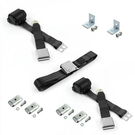 Airplane 2 Point Black Retractable Bench Seat Belt Kit with Bracketry & 3 Belts for 1949-1967 VW Type 2 Split