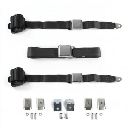 Airplane 2 Point Black Retractable Bench Seat Belt Kit with Bracketry & 3 Belts for 1954-1956 Buick Roadmaster