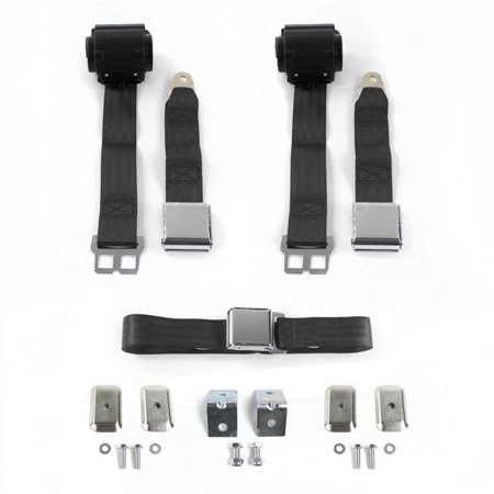 Airplane 2 Point Black Retractable Bench Seat Belt Kit with Bracketry & 3 Belts for 1958 Chevy Impala