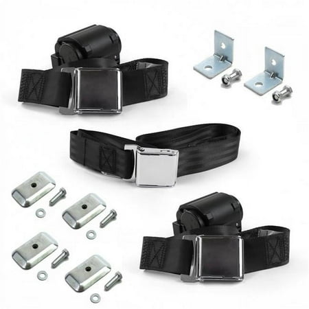 Airplane 2 Point Black Retractable Bench Seat Belt Kit with Bracketry & 3 Belts for 1962-1965 Chevy II