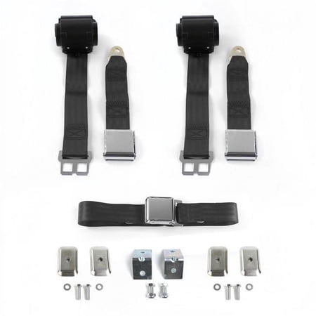 Airplane 2 Point Black Retractable Bench Seat Belt Kit with Bracketry & 3 Belts for 1963-1966 Chevy Truck