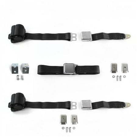 Airplane 2 Point Black Retractable Bench Seat Belt Kit with Bracketry & 3 Belts for 1982-1994 Chevy Cavalier