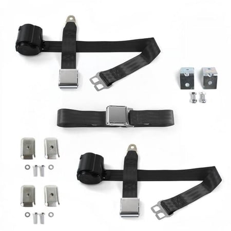 Airplane 2 Point Black Retractable Bench Seat Belt Kit with Bracketry & 3 Belts for 1987-1996 Jeep Wrangler