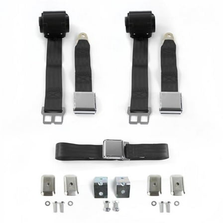 Airplane 2 Point Black Retractable Bench Seat Belt Kit with Bracketry & 3 Belts for VW Type 3 Squareback
