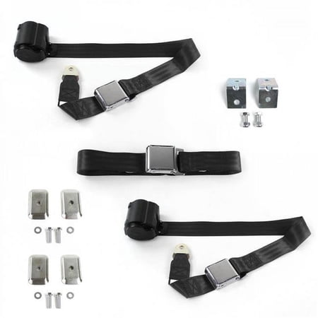 Airplane 2 Point Black Retractable Bench Seat Belt Kit with Bracketry for 1932 Ford Model B - 3 Belts