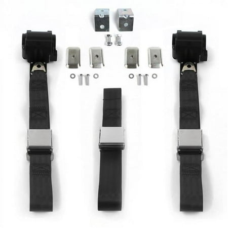 Airplane 2 Point Black Retractable Bench Seat Belt Kit with Bracketry for 1966-1967 Chevy II - 3 Belts