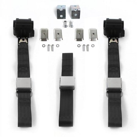 Airplane 2 Point Black Retractable Bench Seat Belt Kit with Bracketry for 1971-1976 Chevy Impala - 3 Belts