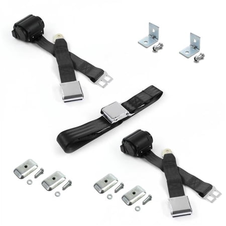 Airplane 2 Point Black Retractable Bench Seat Belt Kit with Bracketry for Ford Van 1961-1967 - 3 Belts