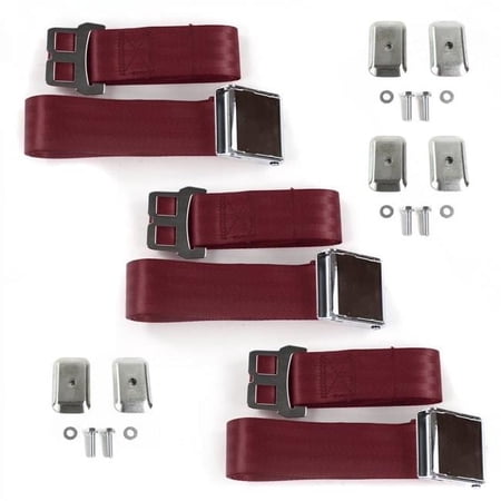 Airplane 2 Point Burgundy Lap Bench Seat Belt Kit with Bracketry for 1966-1967 Chevy II - 3 Belts