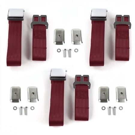 Airplane 2 Point Burgundy Lap Bench Seat Belt Kit with Bracketry for 1968-1974 Volkswagen Type 4 - 3 Belts