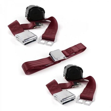 Airplane 2 Point Burgundy Retractable Bench Seat Belt Kit for Jeep CJ & DJ 1953-1970 - 3 Belts