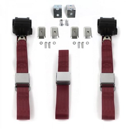 Airplane 2 Point Burgundy Retractable Bench Seat Belt Kit with Bracketry & 3 Belts for 1970 Ford Fairlane