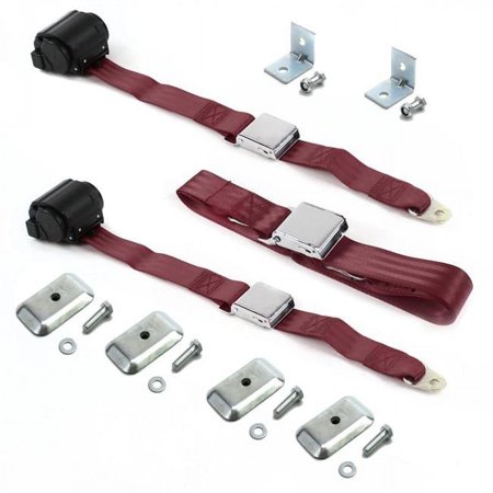 Airplane 2 Point Burgundy Retractable Bench Seat Belt Kit with Bracketry & 3 Belts for 1971-1973 Ford Mustang