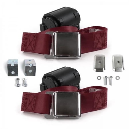 Airplane 2 Point Burgundy Retractable Bucket Seat Belt Kit with Bracketry for Ford Van 1961-1967 - 2 Belts