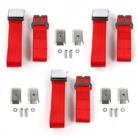 Airplane 2 Point Red Lap Bench Seat Belt Kit with Bracketry for 1950-1954 Nash Rambler - 3 Belts
