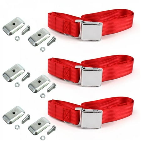 Airplane 2 Point Red Lap Bench Seat Belt Kit with Bracketry for 1962-1965 Chevy II - 3 Belts