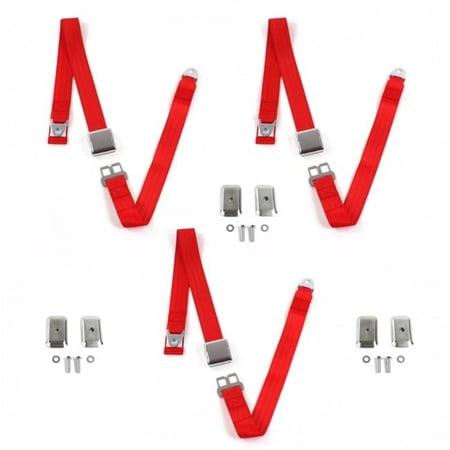 Airplane 2 Point Red Lap Bench Seat Belt Kit with Bracketry for 1971-1977 Ford Maverick - 3 Belts