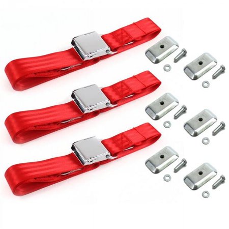 Airplane 2 Point Red Lap Bench Seat Belt Kit with Bracketry for Ford Mustang 1979-1993v - 3 Belts