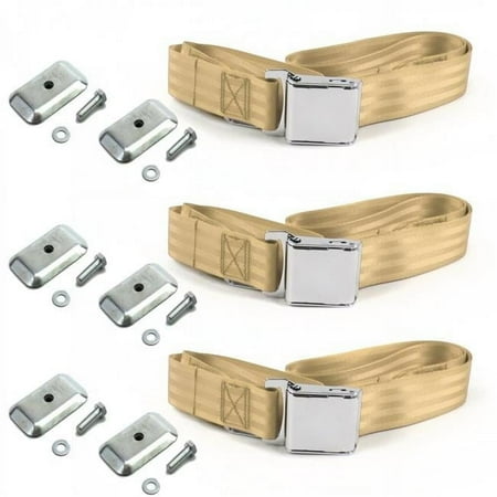 Airplane 2 Point Tan Lap Bench Seat Belt Kit with Bracketry for 1953-1970 Jeep CJ & DJ - 3 Belts