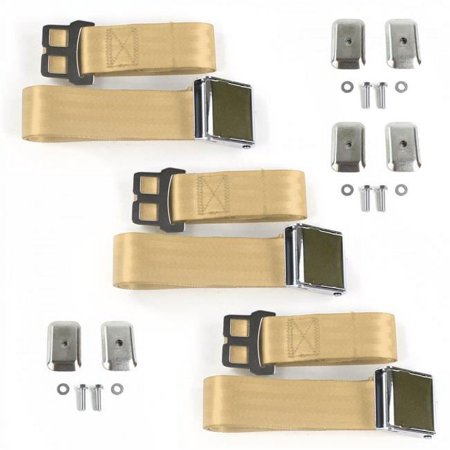 Airplane 2 Point Tan Lap Bench Seat Belt Kit with Bracketry for 1959-1960 Chevy Impala - 3 Belts