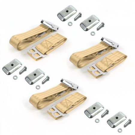 Airplane 2 Point Tan Lap Bench Seat Belt Kit with Bracketry for 1961-1964 Chevy Impala - 3 Belts