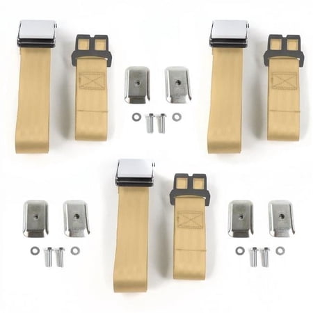 Airplane 2 Point Tan Lap Bench Seat Belt Kit with Bracketry for 1971-1976 Chevy Impala - 3 Belts