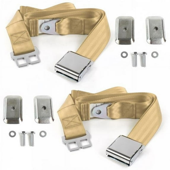 Airplane 2 Point Tan Lap Bucket Seat Belt Kit with Bracketry for Ford Mustang 1967-1970 - 2 Belts