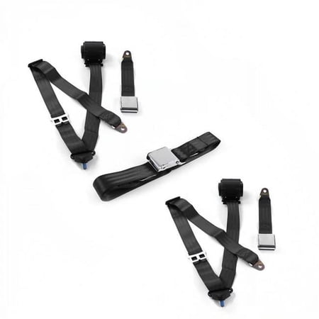 Airplane 3 Point Black Retractable Bench Seat Belt Kit for Chevy II 1966-1967 - 3 Belts