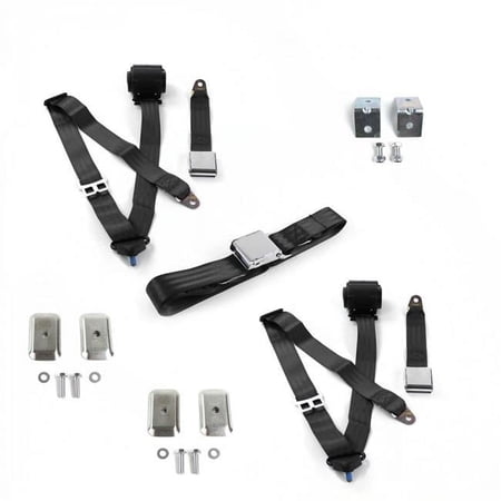 Airplane 3 Point Black Retractable Bench Seat Belt Kit with Bracketry & 3 Belts for 1933-1957 Nash Ambassador