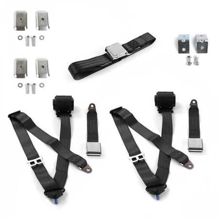 Airplane 3 Point Black Retractable Bench Seat Belt Kit with Bracketry & 3 Belts for 1960-1962 Chevy Truck