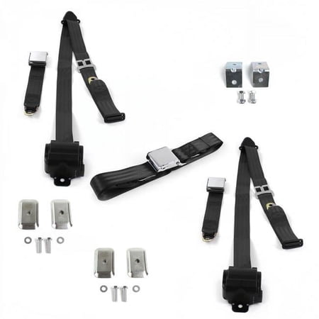 Airplane 3 Point Black Retractable Bench Seat Belt Kit with Bracketry & 3 Belts for 1968-1983 VW Type 1