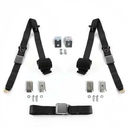 Airplane 3 Point Black Retractable Bench Seat Belt Kit with Bracketry & 3 Belts for 1969-1972 Chevy FS Blazer
