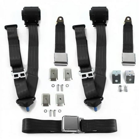 Airplane 3 Point Black Retractable Bench Seat Belt Kit with Bracketry & 3 Belts for 1985-1992 Jeep Comanche