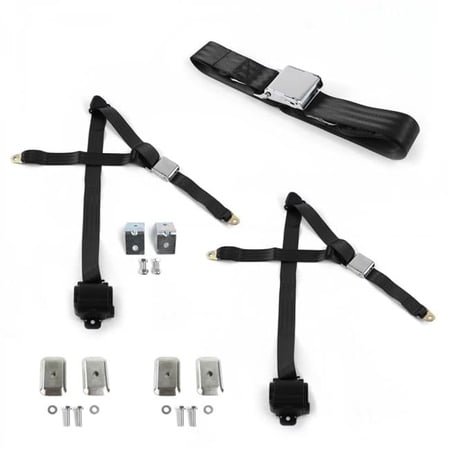 Airplane 3 Point Black Retractable Bench Seat Belt Kit with Bracketry for Chevy Truck 1941-1946 - 3 Belts
