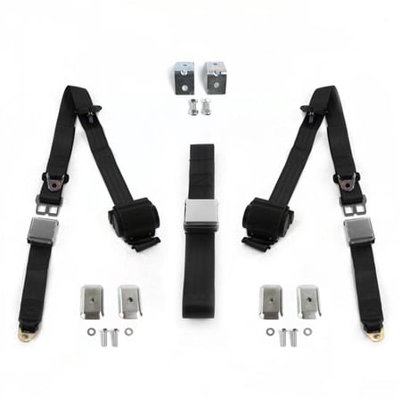 Airplane 3 Point Black Retractable Bench Seat Belt Kit with Bracketry for Jeep Wagoneer 1963-1991 - 3 Belts
