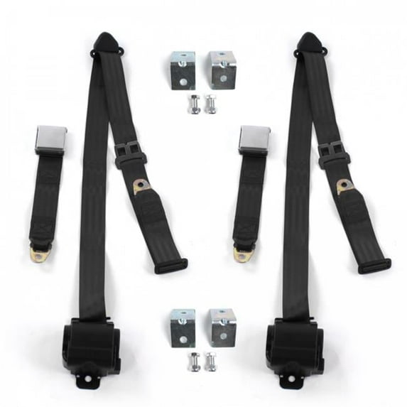 Airplane 3 Point Black Retractable Bucket Seat Belt Kit with Bracketry for Ford 1933-1934 Model C - 2 Belts