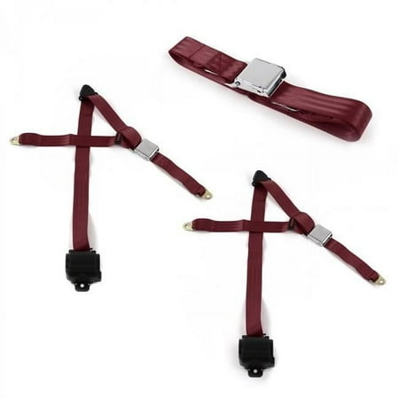 Airplane 3 Point Burgundy Retractable Bench Seat Belt Kit for 1941-1946 Chevy Truck - 3 Belts